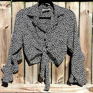 Vintage Contempo Casuals Daisy Pattern Sheer Cropped Tie Waist Ruffle Top Small